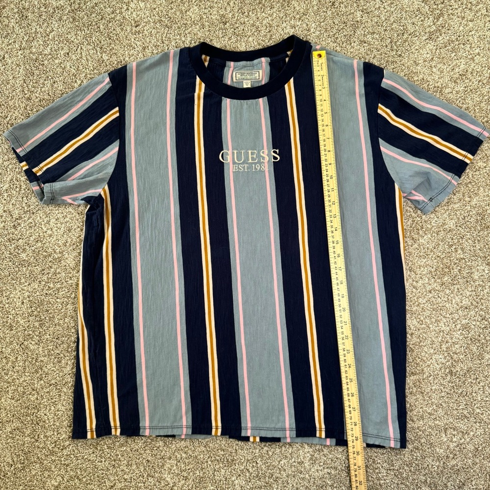 Guess Originals Mens‎ XL Striped T-Shirt Blue Pink Yellow Embroidered Logo Retro - Picture 7 of 14